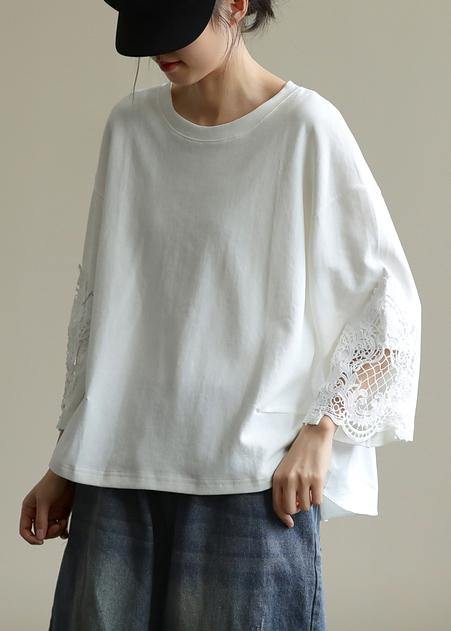 Elegant white tunics for women o neck patchwork tunic shirts - SooLinen