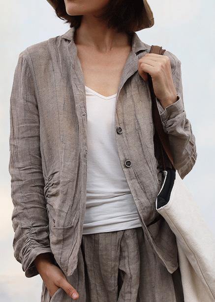 Elegant Cinched linen fall tunic pattern Work Outfits nude blouse - SooLinen