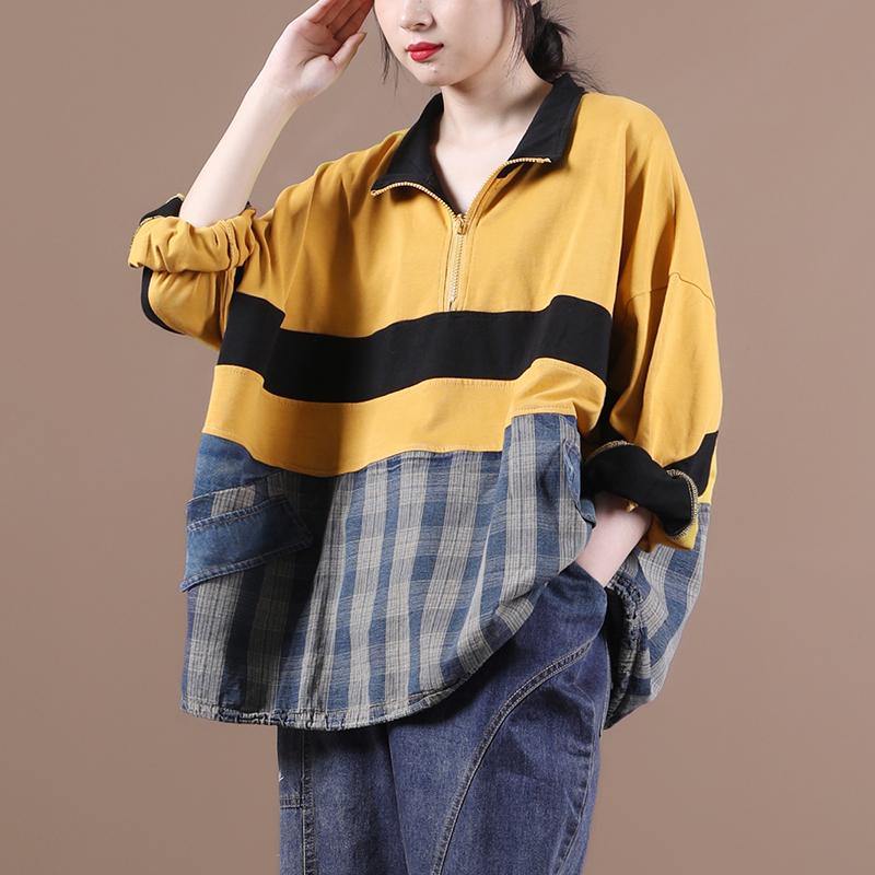 Elegant yellow clothes For Women lapel zippered Midi blouse - SooLinen