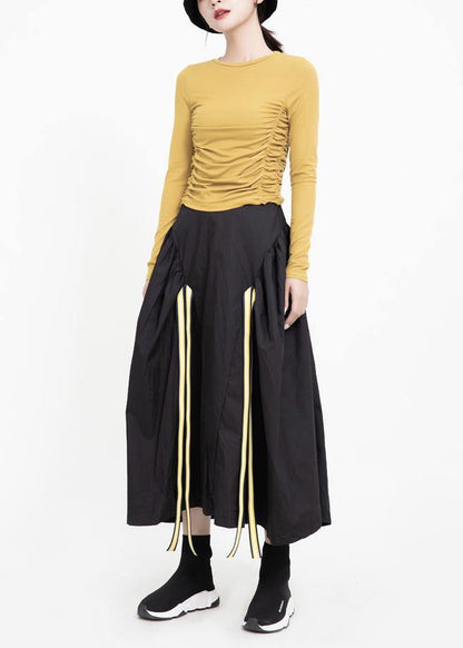 Elegant yellow cotton clothes Cinched wild o neck pullover - SooLinen