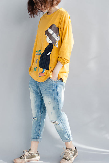 Elegant yellow cotton linen tops women plus size Wardrobes o neck long sleeve loose spring top