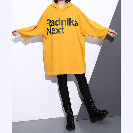 Elegant yellow natural cotton t shirt trendy plus size hooded traveling clothing vintage back side open cotton t shirt