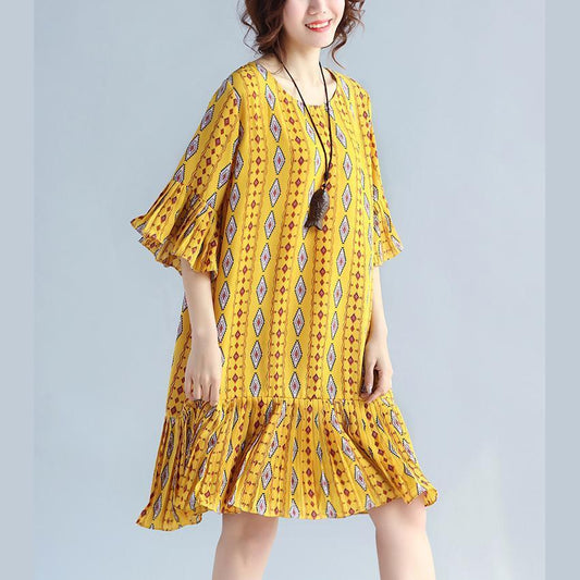 Elegante Chiffon-Etuikleider mit gelbem Aufdruck, übergroße Chiffon-Kleider, Damenkleider mit Rüschensaum und Rüschenärmeln