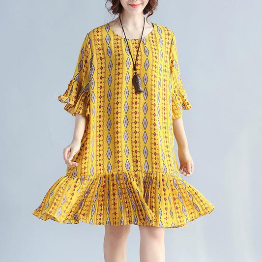 Elegante Chiffon-Etuikleider mit gelbem Aufdruck, übergroße Chiffon-Kleider, Damenkleider mit Rüschensaum und Rüschenärmeln