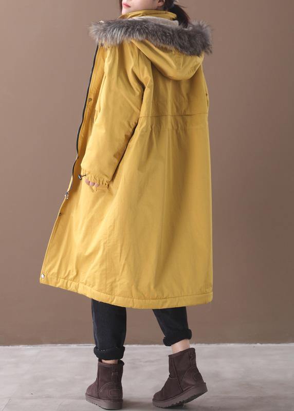 Elegant yellow winter coats casual Jackets & Coats hooded true fur collar overcoat - SooLinen
