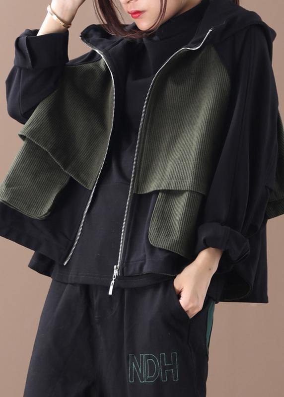 Elegant zippered cotton fall clothes For Women Outfits black patchwork green blouses - SooLinen