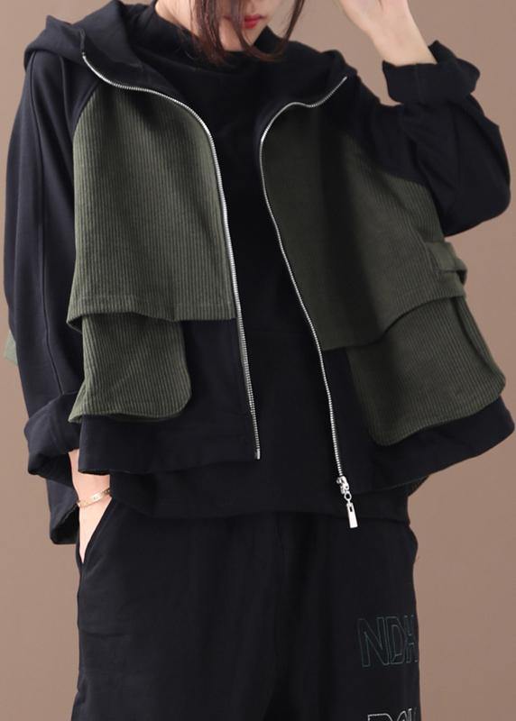 Elegant zippered cotton fall clothes For Women Outfits black patchwork green blouses - SooLinen
