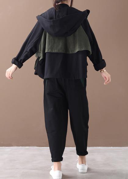 Elegant zippered cotton fall clothes For Women Outfits black patchwork green blouses - SooLinen