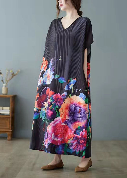 Elegant Black Print asymmetrical design Patchwork Silk Ankle Dress Summer