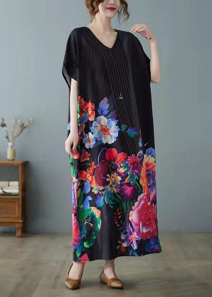 Elegant Black Print asymmetrical design Patchwork Silk Ankle Dress Summer