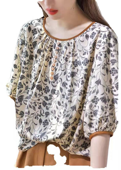 Elegantes, khakifarbenes Chiffon-Oberteil mit Rundhalsausschnitt und lässigem Print