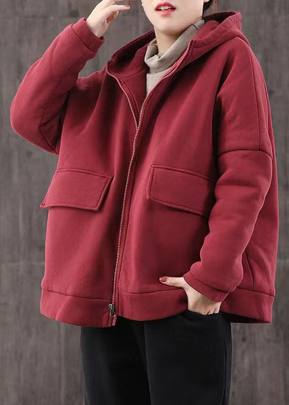 Elegante lässige Winterjacke Patchwork Mäntel rot kurzer Kapuzenmantel