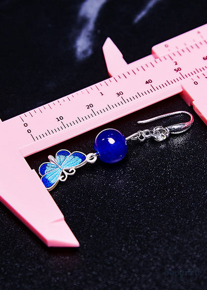 Ethnic Style Blue Butterfly Long Tasseled Drop Earrings