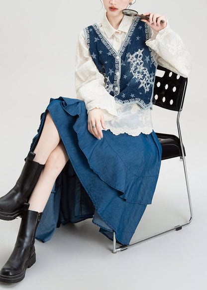 Conjunto de chaleco y camisa vaquera bordada de estilo étnico con falda asimétrica para verano