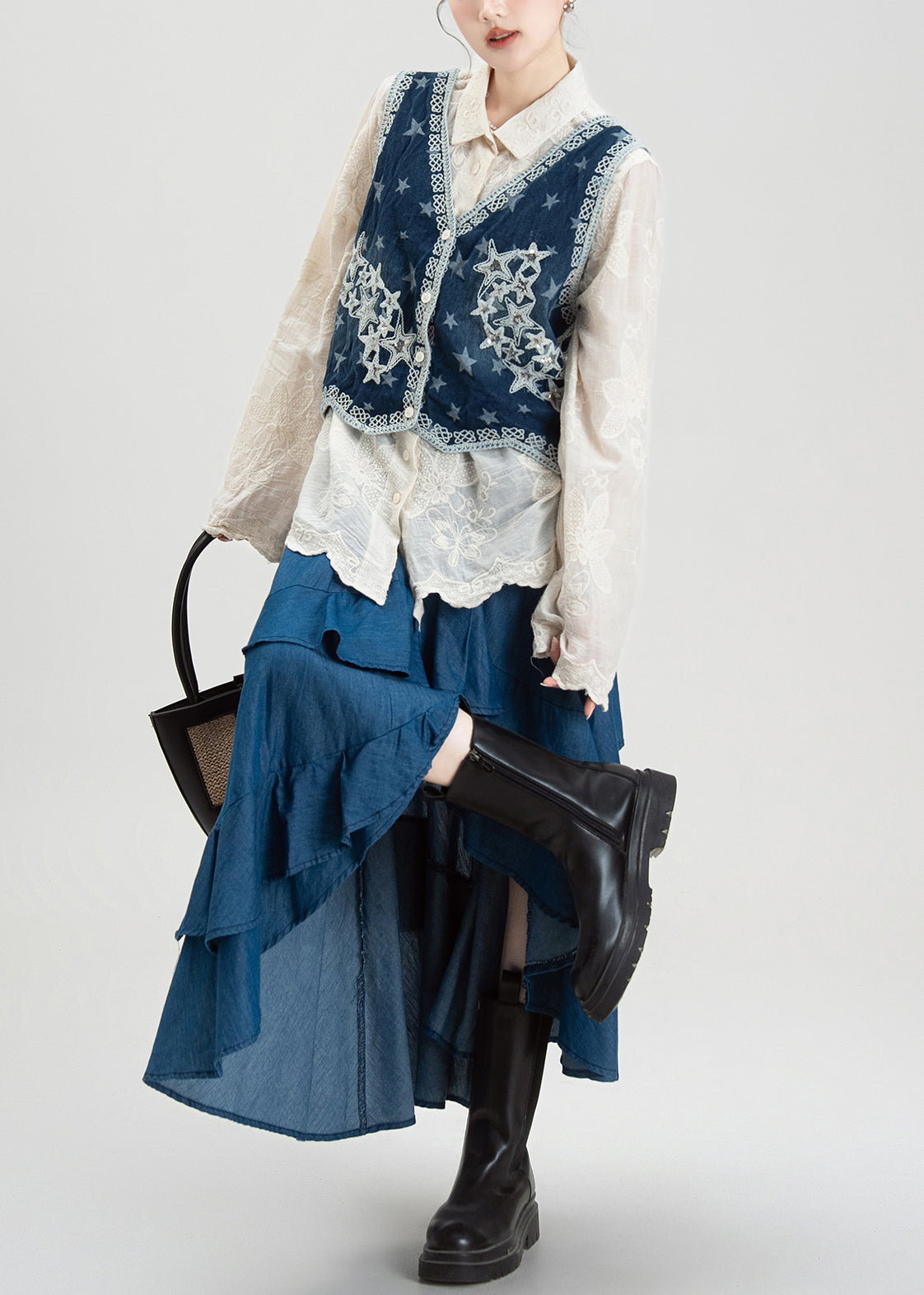 Conjunto de chaleco y camisa vaquera bordada de estilo étnico con falda asimétrica para verano