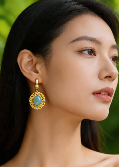 Ethnic Style Fine Jade Zircon Metal Drop Earrings