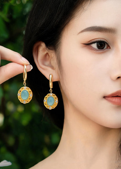 Ethnic Style Fine Jade Zircon Metal Drop Earrings