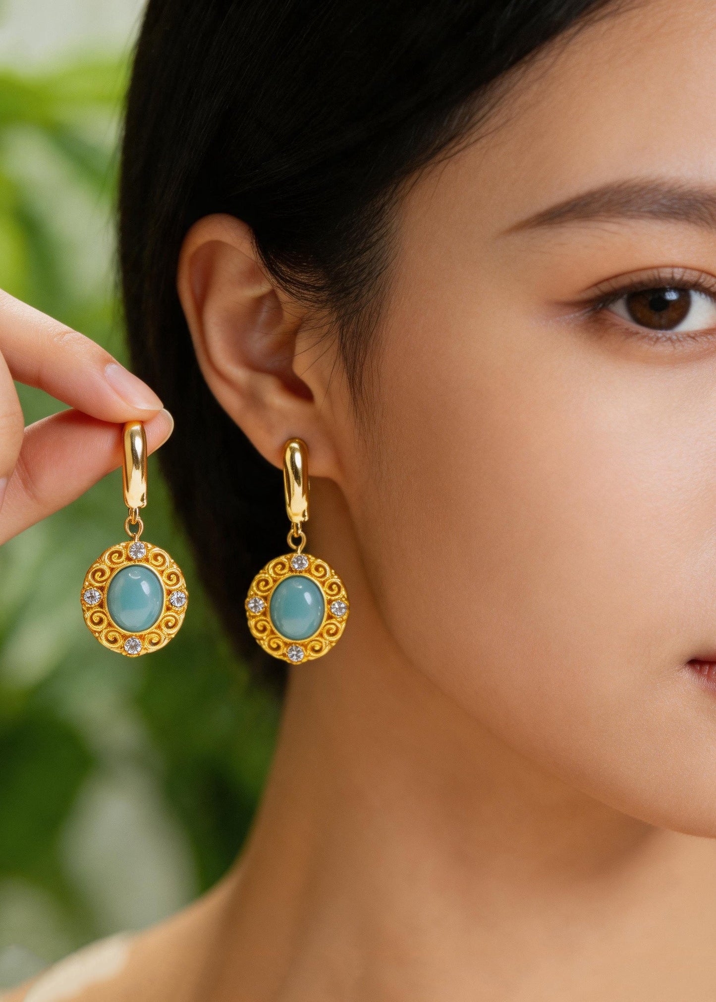 Ethnic Style Fine Jade Zircon Metal Drop Earrings