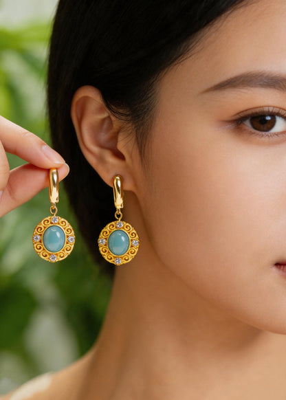 Ethnic Style Fine Jade Zircon Metal Drop Earrings