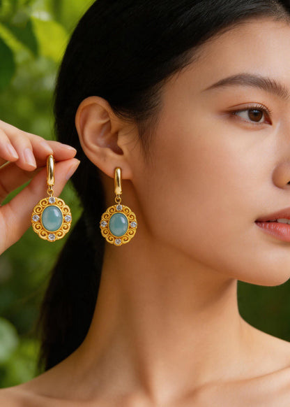 Ethnic Style Fine Jade Zircon Metal Drop Earrings
