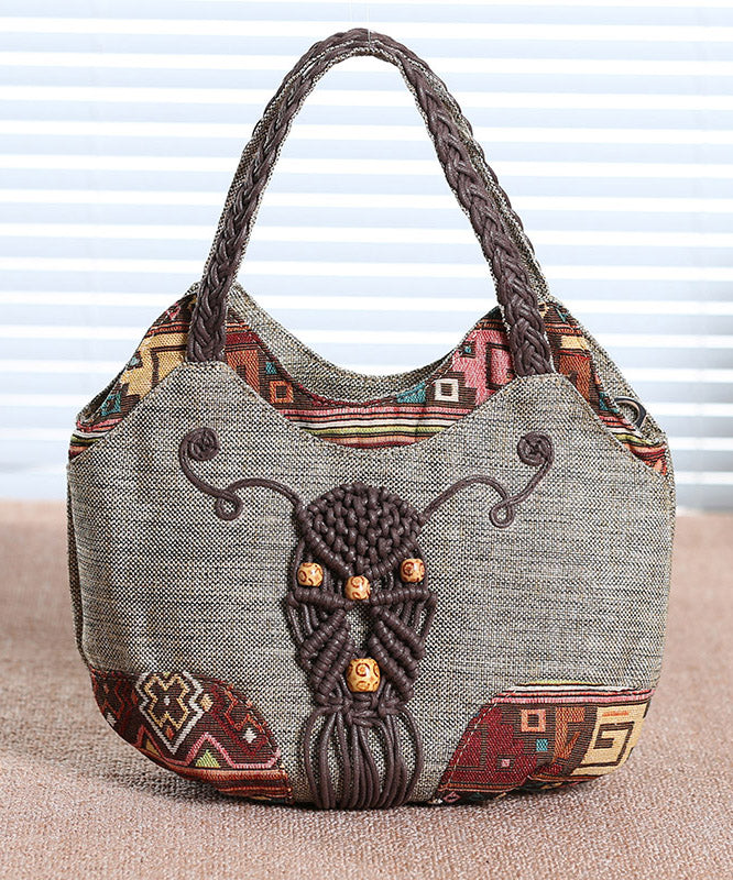 Ethnic Style Grey Canvas Woven Patchwork Tote Bag