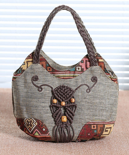Ethnic Style Grey Canvas Woven Patchwork Tote Bag