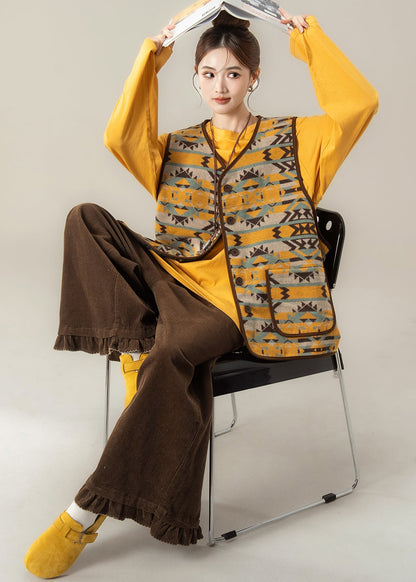 Ethnic Style Jacquard Vest And T Shirt Wide Leg Pants 3 Piece Outfit Winter