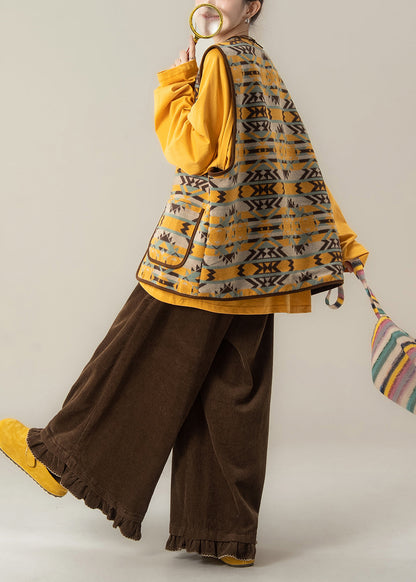 Ethnic Style Jacquard Vest And T Shirt Wide Leg Pants 3 Piece Outfit Winter