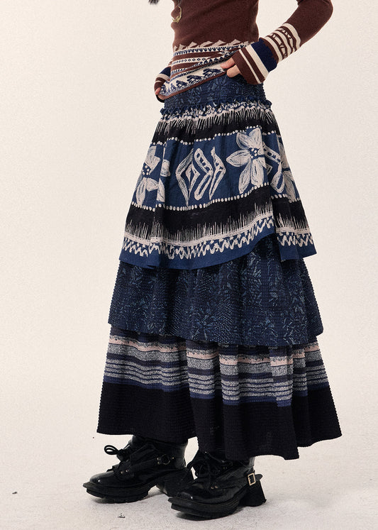 Marineblauer, mehrlagiger Patchwork-Leinenrock im Ethno-Stil für den Frühling