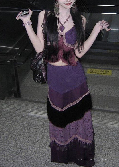 Zweiteiliges Seiden-Set im Ethno-Stil mit lila Quasten und Patchwork-Muster für den Sommer