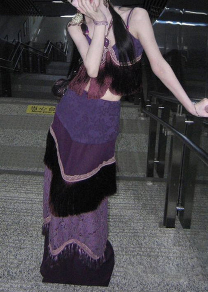 Zweiteiliges Seiden-Set im Ethno-Stil mit lila Quasten und Patchwork-Muster für den Sommer