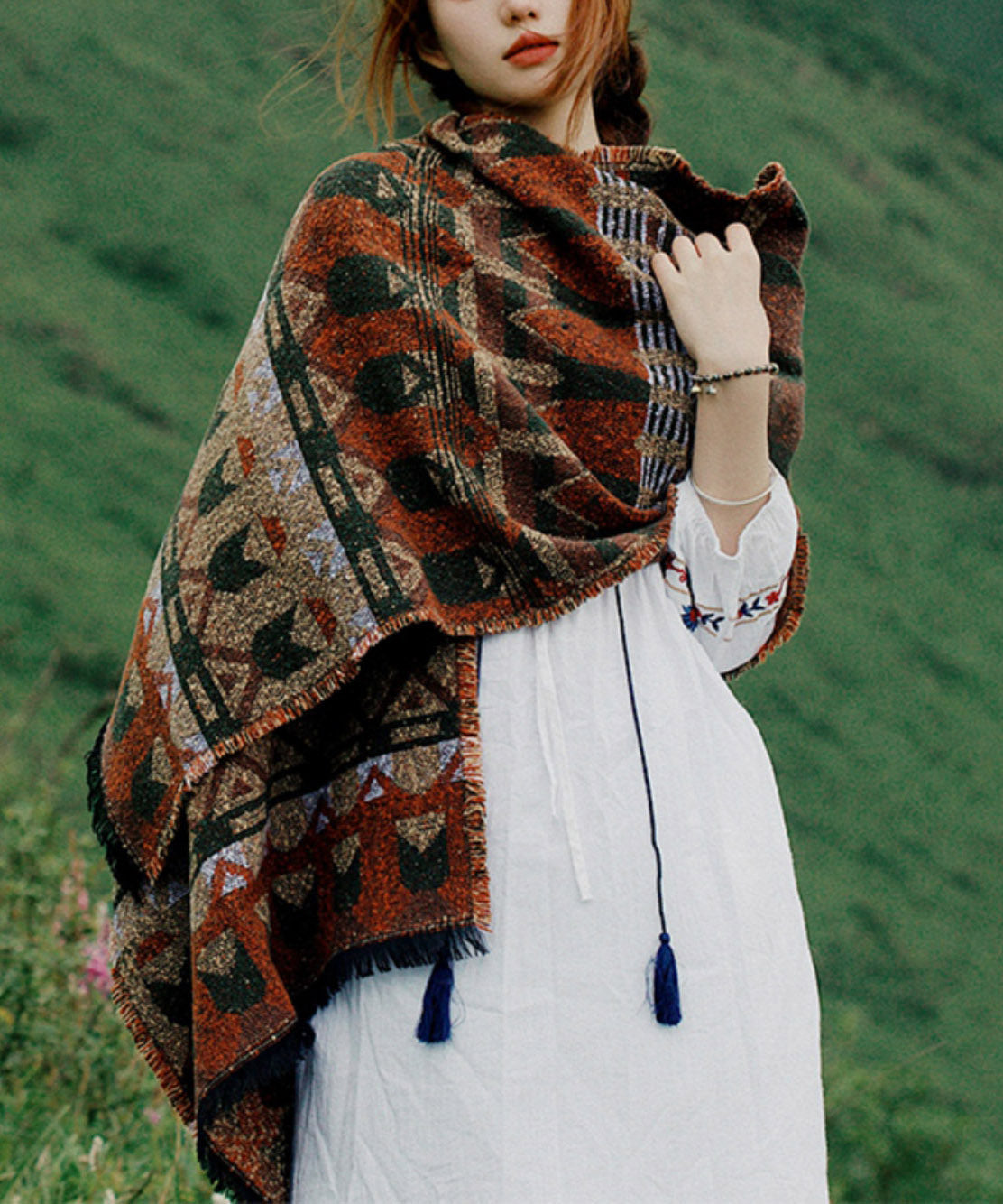 Ethnic Style Tassel Print Dual-Use Faux Cashmere Scarf