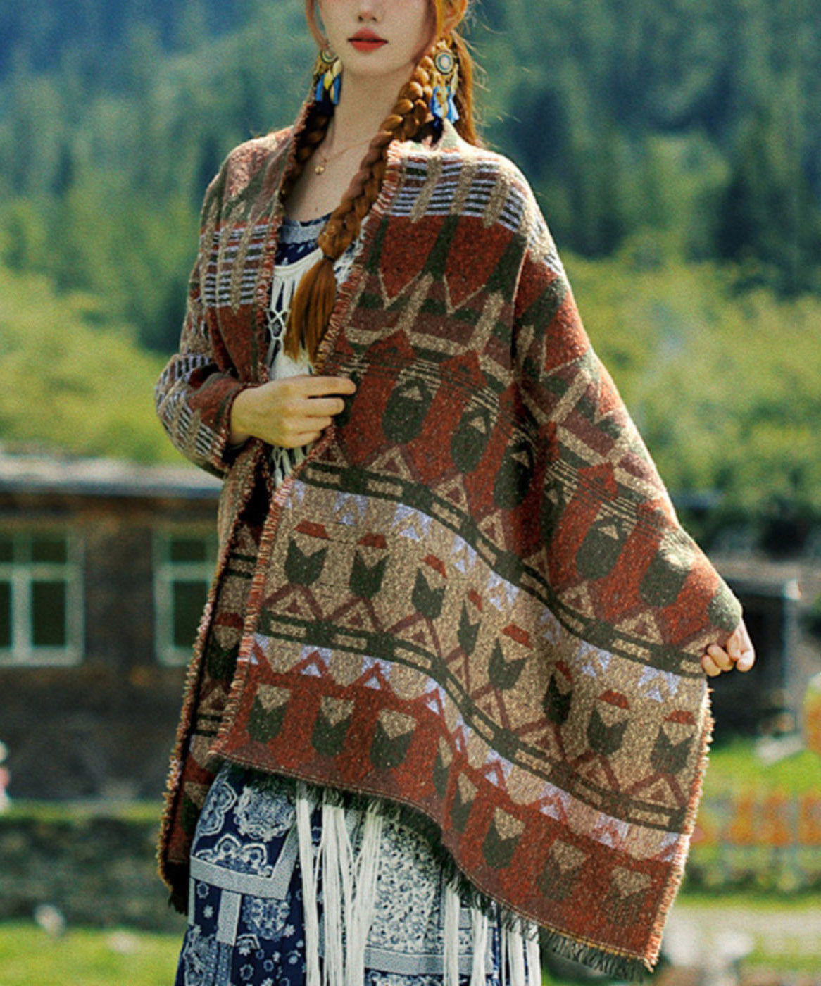 Ethnic Style Tassel Print Dual-Use Faux Cashmere Scarf