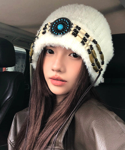 Ethnic Style White Thick Warm Knitted Boonie Hat
