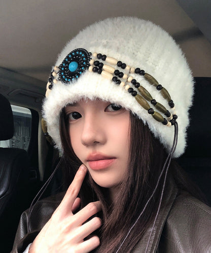 Ethnic Style White Thick Warm Knitted Boonie Hat