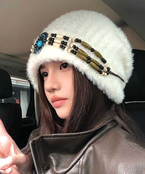 Ethnic Style White Thick Warm Knitted Boonie Hat