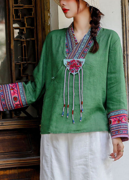 Ethnischen stil Rot V-ausschnitt Bestickt Patchwork Leinen Hemd Tops Frühling