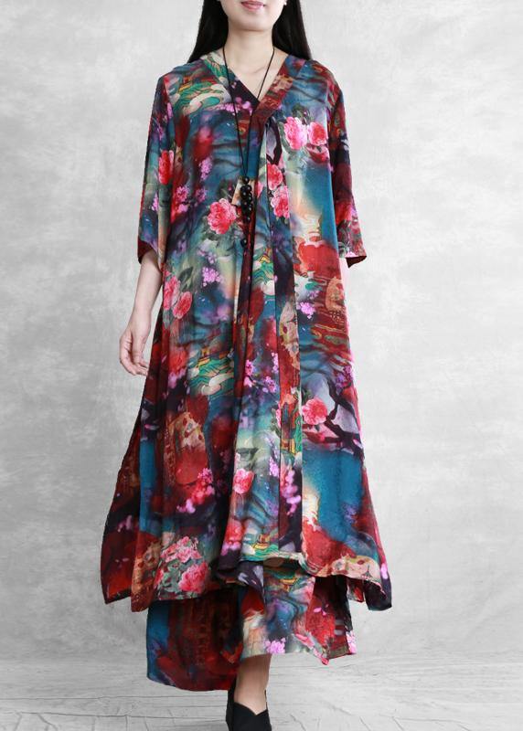 Ethnic style suit summer novel literary print loose two-piece - SooLinen