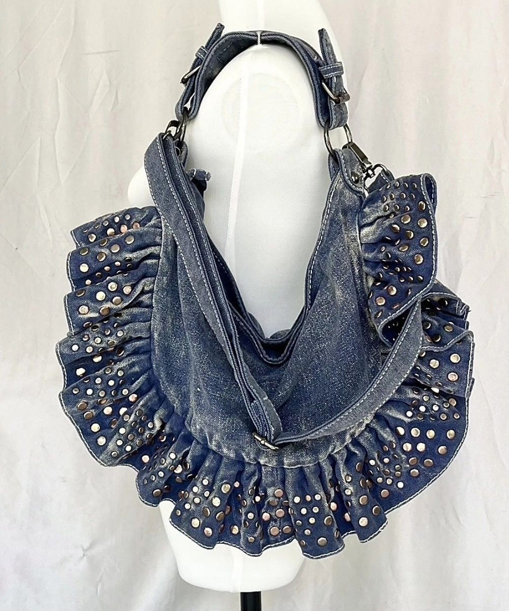 European And American Large Capacity Ruffled Rivet Denim Shoulder Bag
