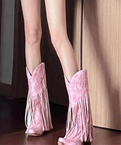 Europäisch-amerikanischer Stil, pinkfarbene, klobige Stiefel mit Quasten und spitzer Zehenpartie