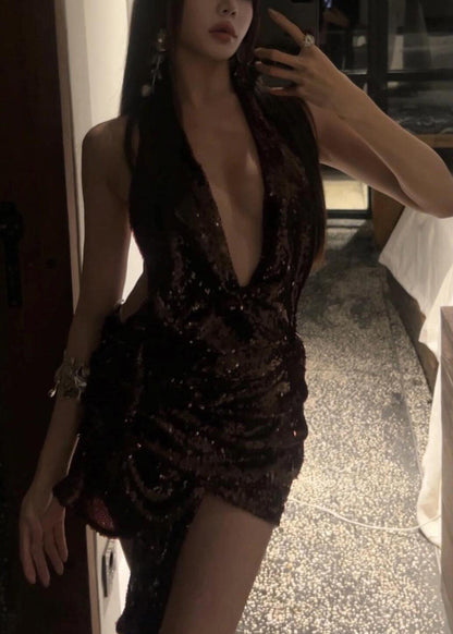 European And American Style V Neck Backless Sequins Mini Dresses Summer