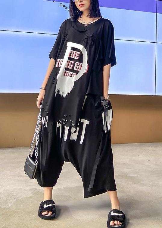 European goods summer female plus size  stylish personality black t-shirt + two-piece pants - SooLinen
