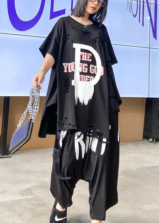 European goods summer female plus size  stylish personality black t-shirt + two-piece pants - SooLinen