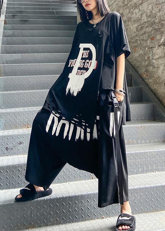 European goods summer female plus size  stylish personality black t-shirt + two-piece pants - SooLinen