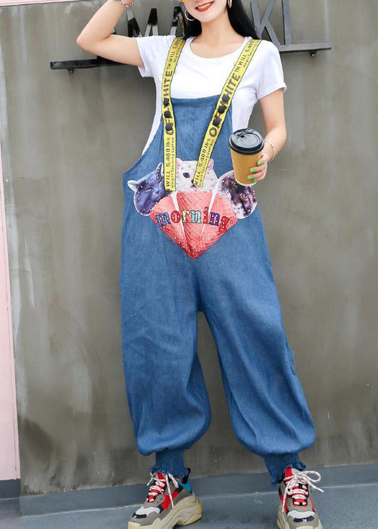 European station women heavy work printing bib harem nine pants - SooLinen