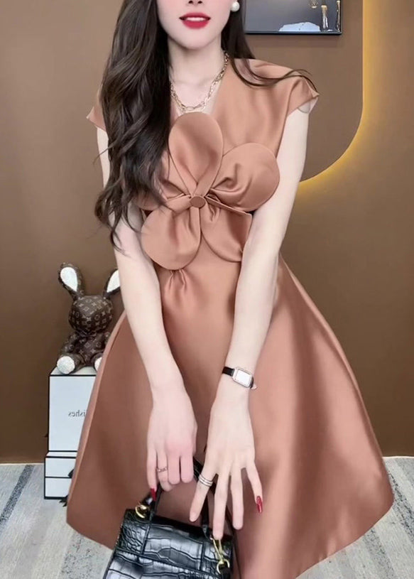 Exquisite Floral Champagne Colored Silk Sleeveless Dress