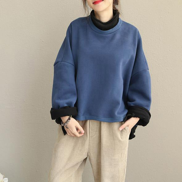 Herbst Winter Vintage Casual Stepp Blau High Neck Fleece Frauen Baumwolle Tops