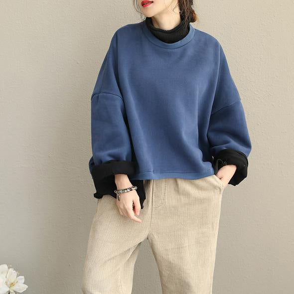 Herbst Winter Vintage Casual Stepp Blau High Neck Fleece Frauen Baumwolle Tops