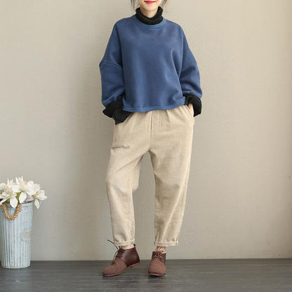 Herbst Winter Vintage Casual Stepp Blau High Neck Fleece Frauen Baumwolle Tops