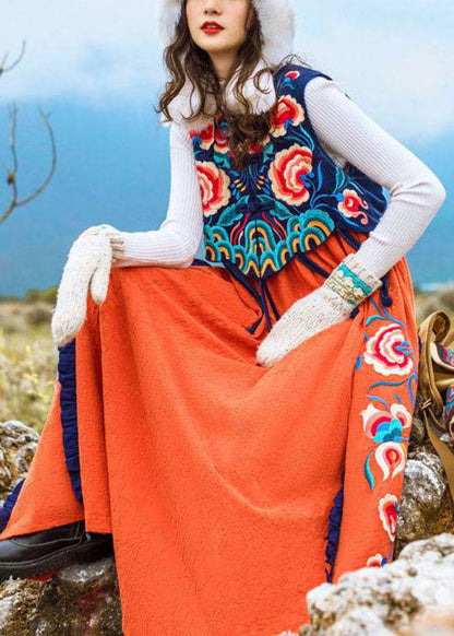 Berühmte Familie Stil Orange bestickt O-Ausschnitt bestickt Patchwork langes Kleid ärmellos